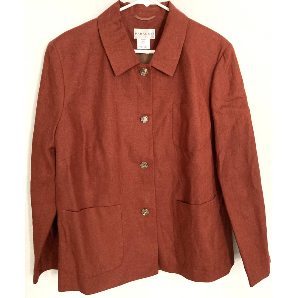 Paradox Jacket Women 20W Brown 100% Linen Button Front Patch Pocket Lined Casual
